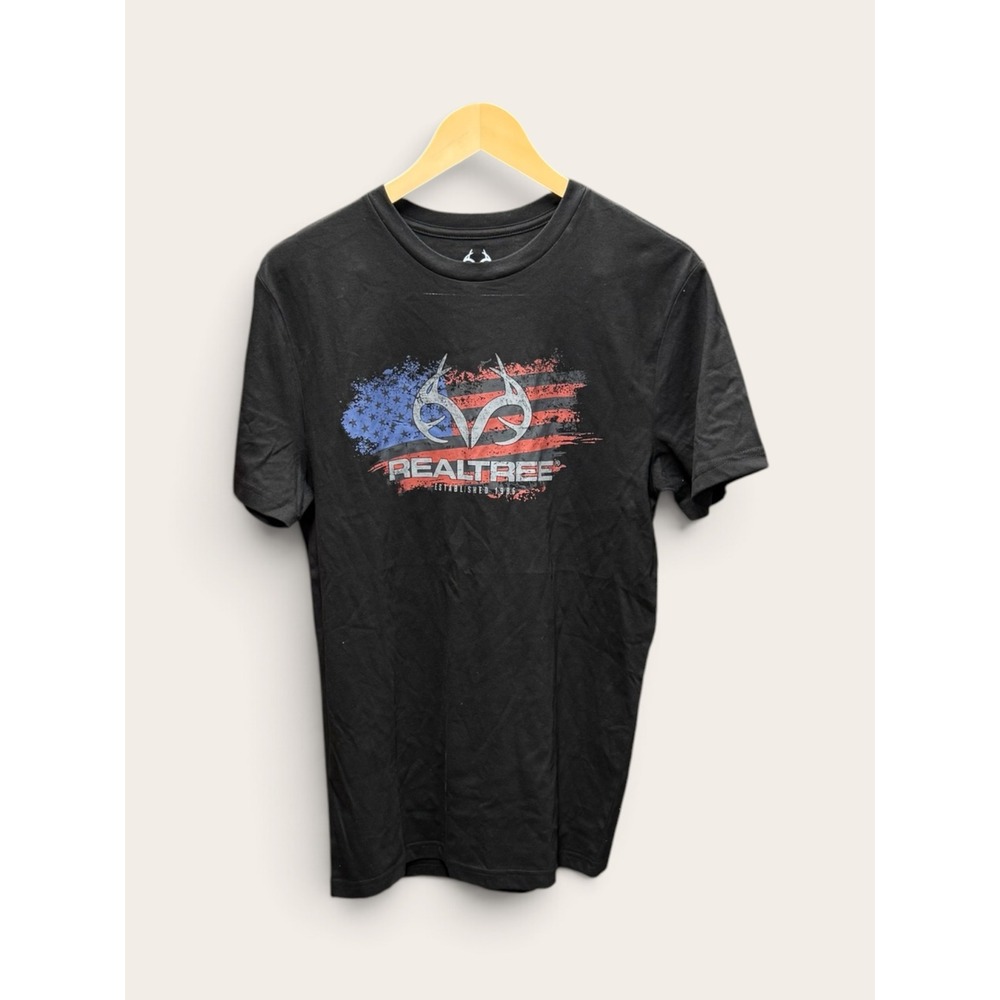 Realtree Mens Small Black Graphic T-Shirt American Flag Antler Logo NWOT